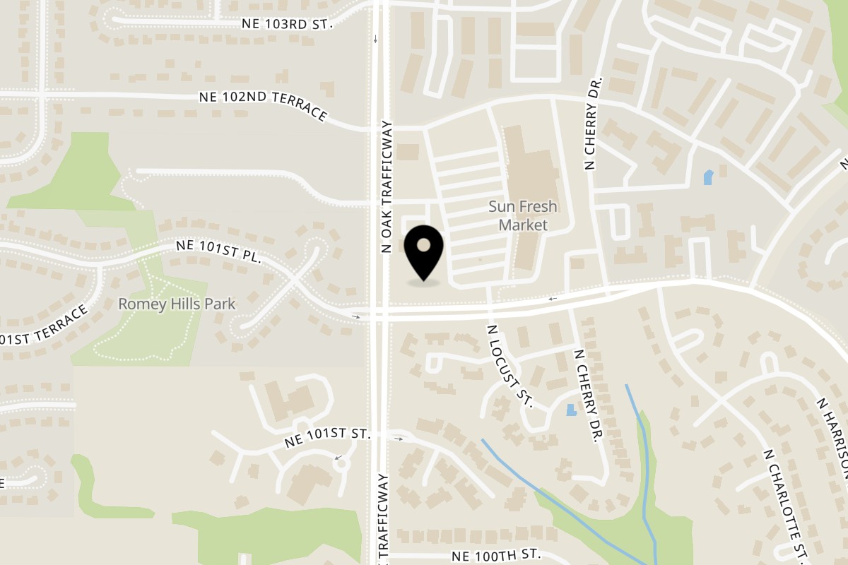 Map showing the location of Captain's Sports Lounge Kansas City on 10221 N Oak Trafficway in Kansas City